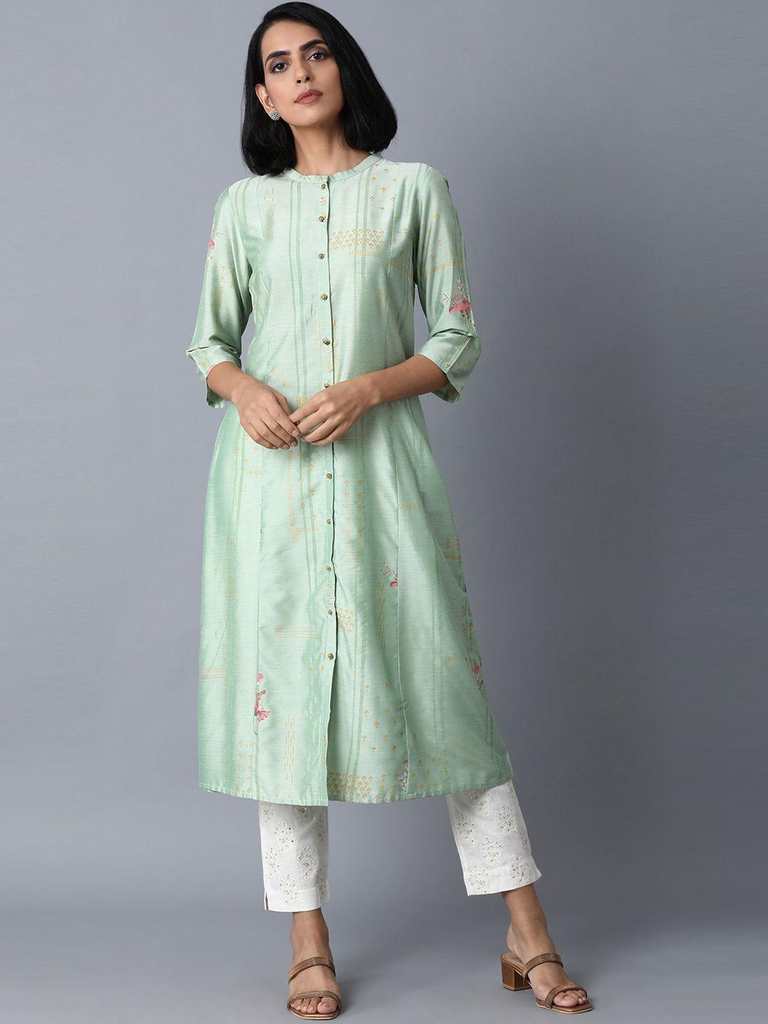 w women green thread work kurta