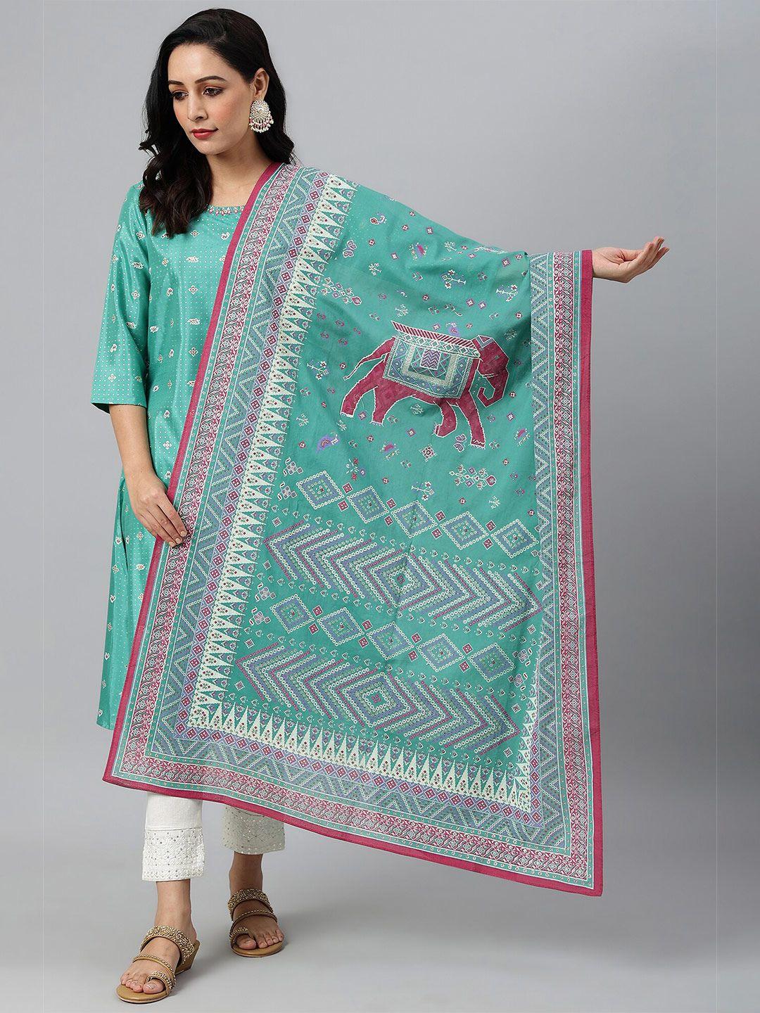 w women green voile printed dupatta