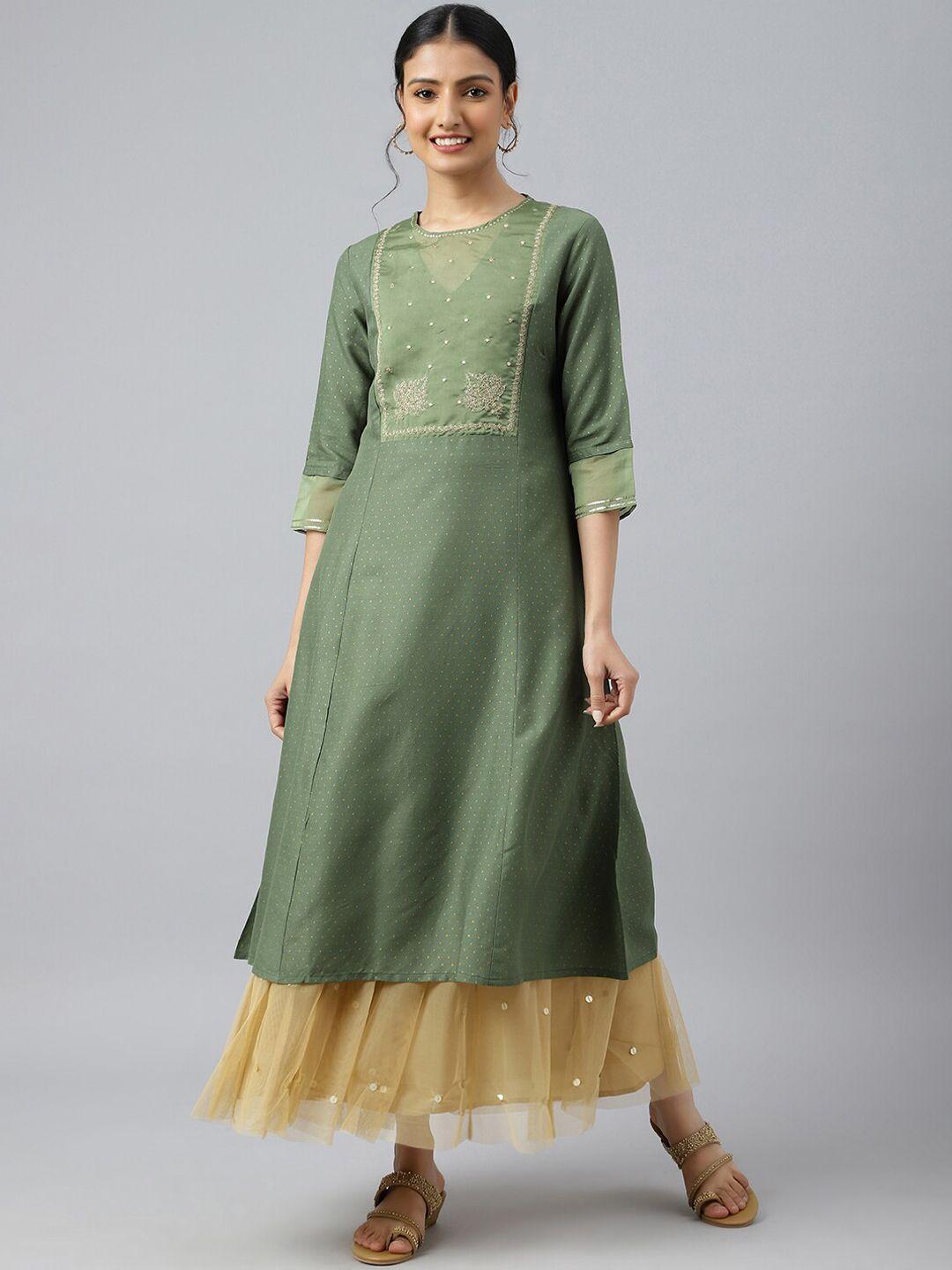 w women green yoke design thread work anarkali kurta