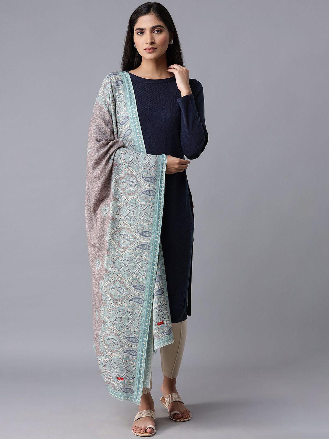 w women grey & blue woven-design shawl