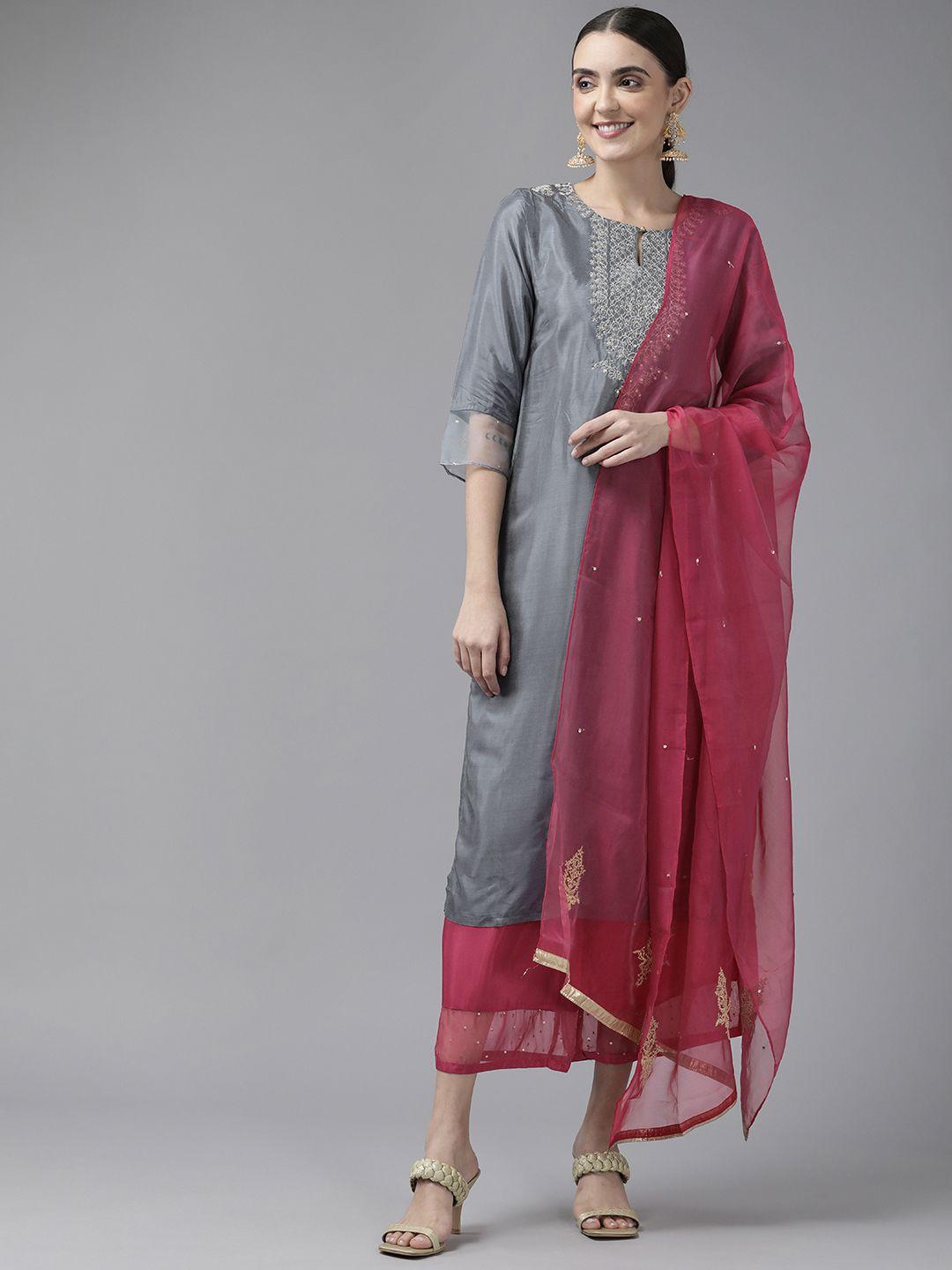 w women grey & magenta ethnic embroidered sequinned kurta with trousers & with dupatta