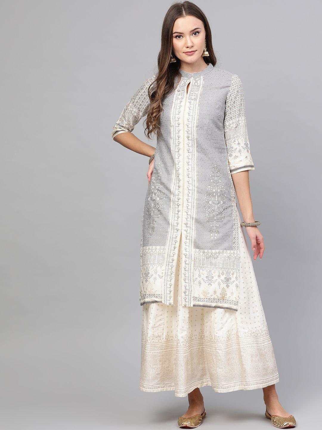 w women grey & off-white printed straight kurta