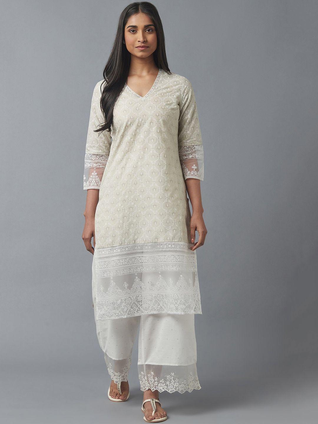 w women grey & white ethnic motifs printed kurta