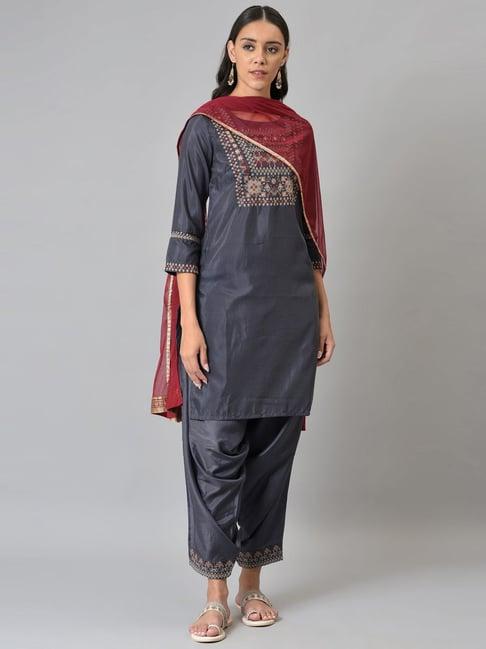 w women grey festive solid shantung kurta with salwar & dupatta