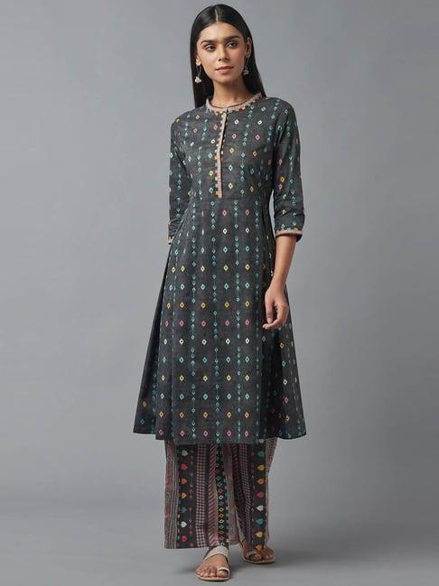 w women grey geometric print cotton kurta with parallel pant