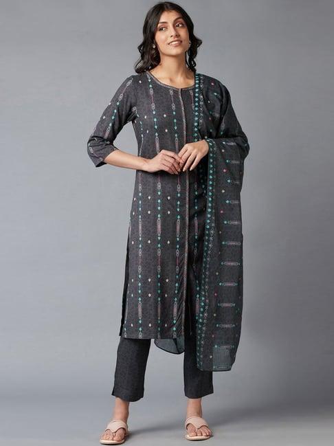 w women grey geometric print rayon kurta with slim pant & dupatta