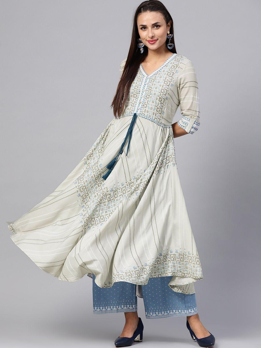 w women grey printed anarkali kurta