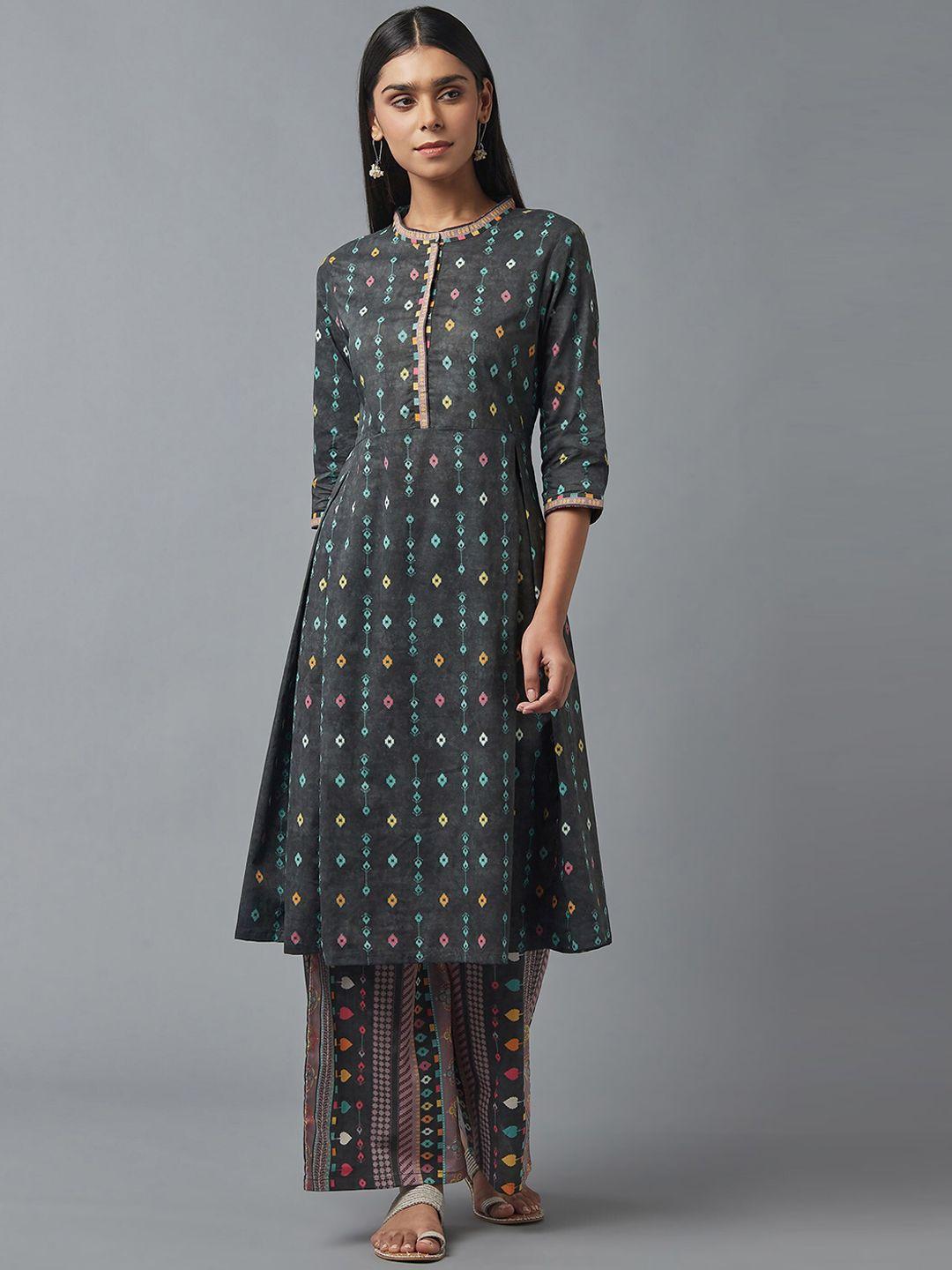 w women grey printed pleated pure cotton kurta set