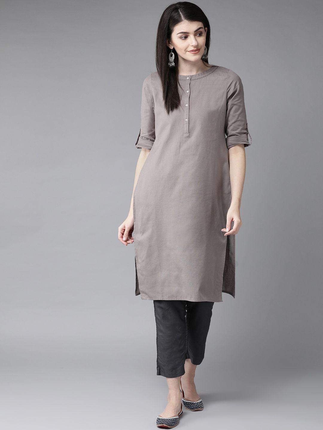 w women grey solid straight kurta