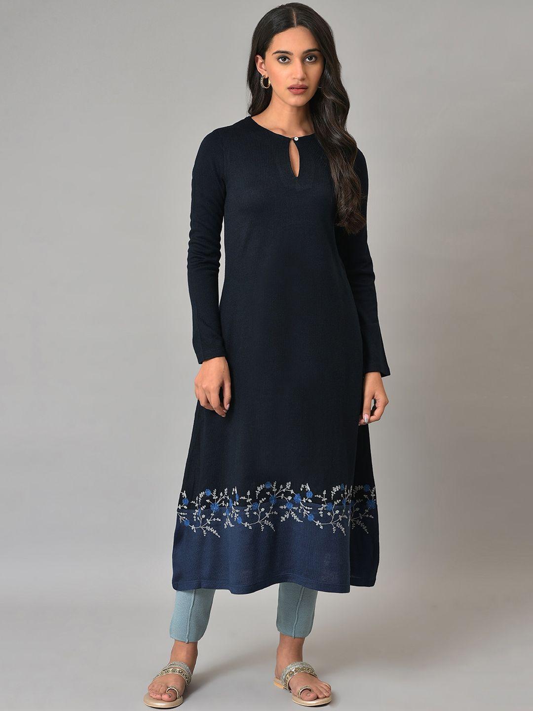 w women keyhole neck thread work a-line acrylic kurta