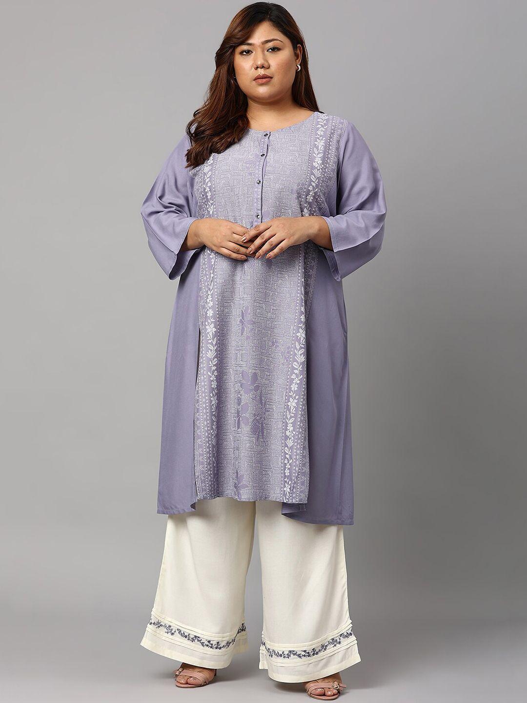 w women lavender ethnic motifs multiple slits straight cut kurta