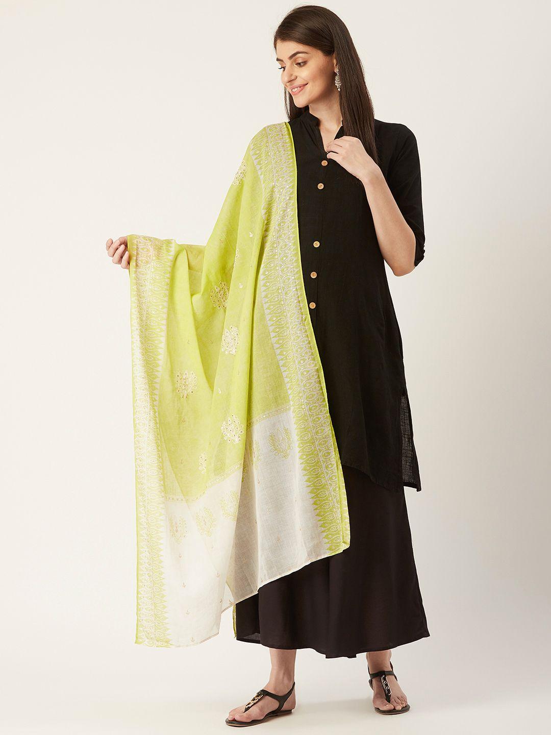 w women lime green & white ethnic printed pure cotton dupatta