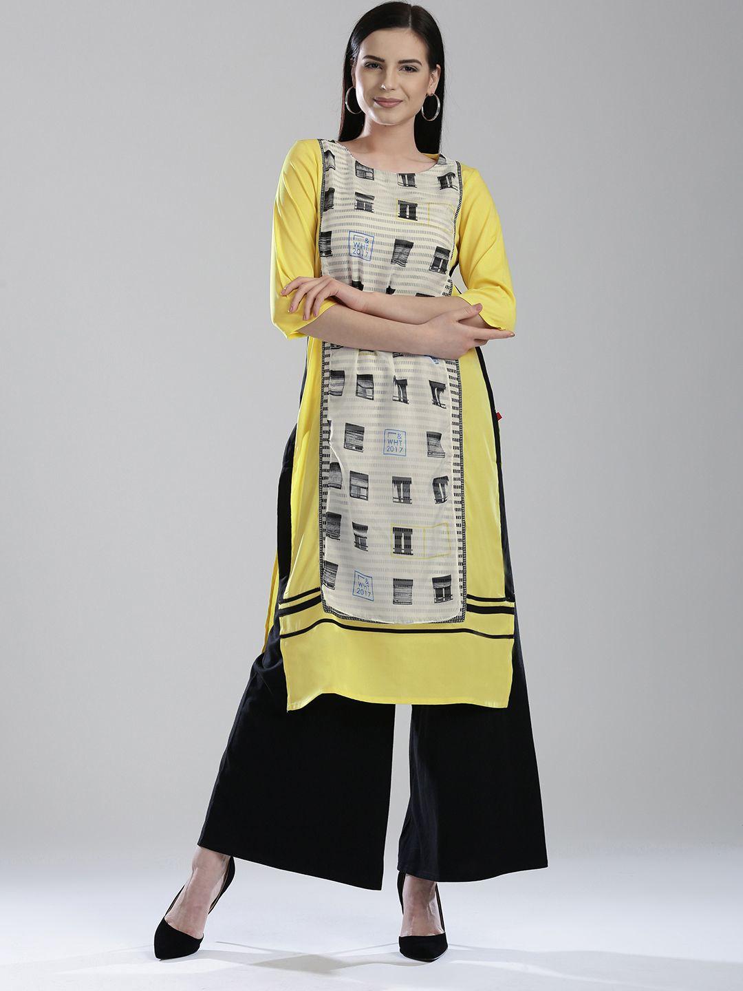 w women lime green printed straight kurta