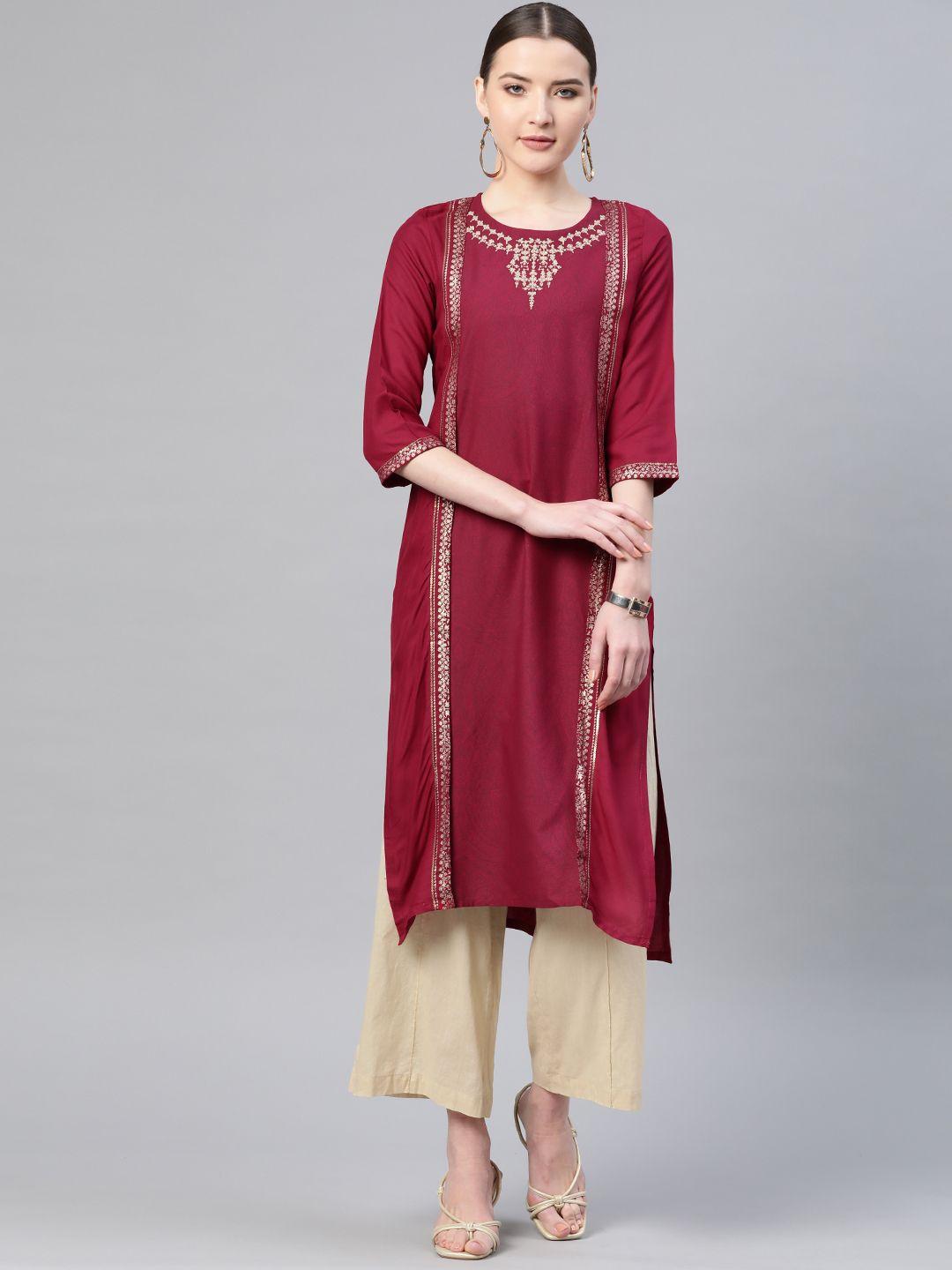 w women maroon & golden printed straight kurta