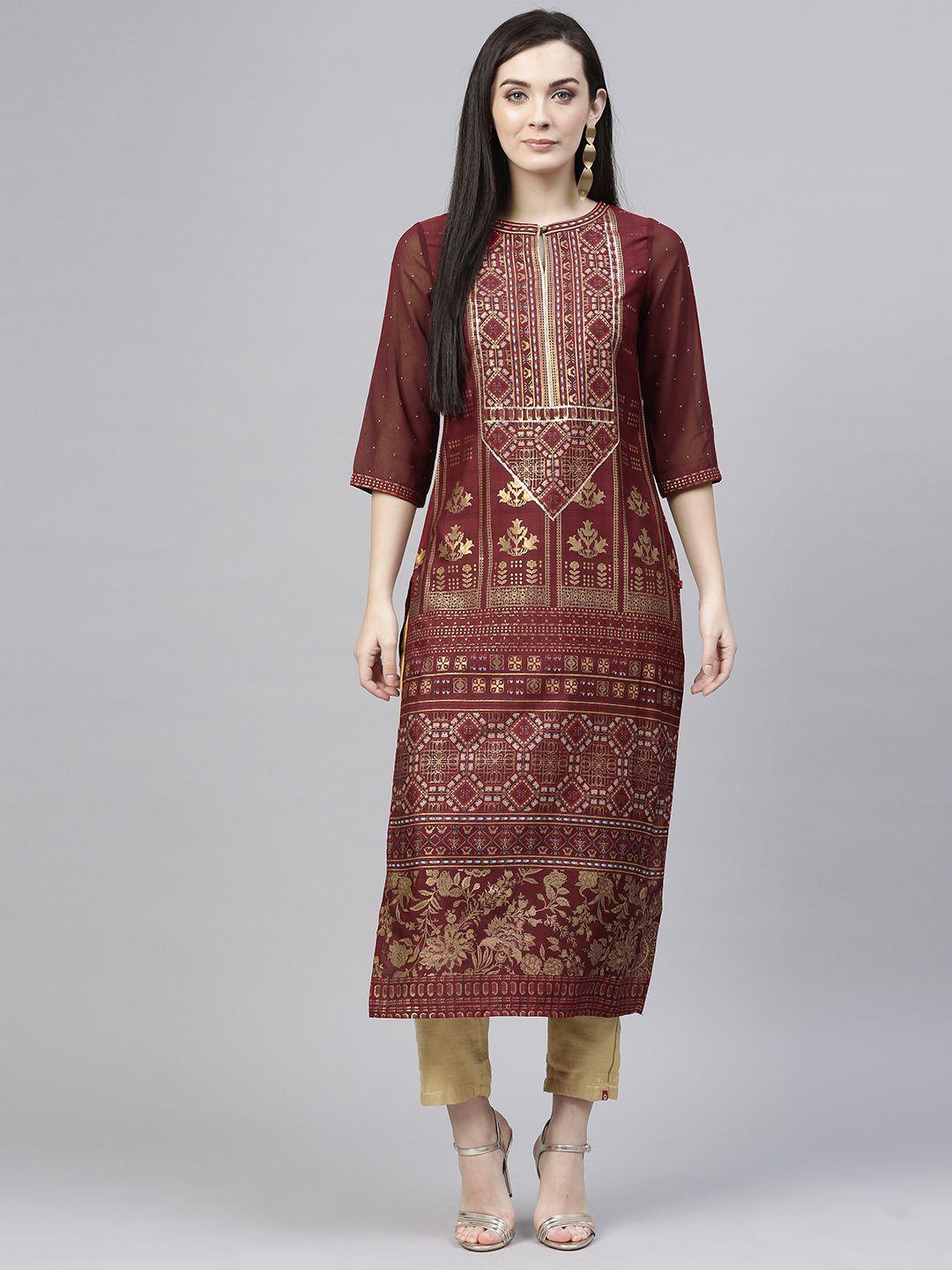 w women maroon & golden printed straight kurta