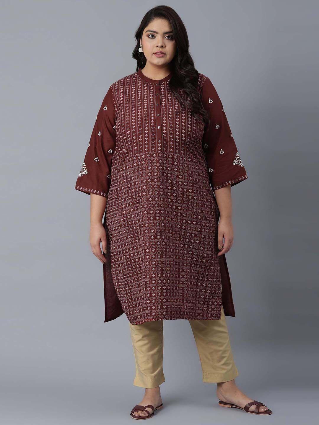 w women maroon ethnic motifs printed kurta