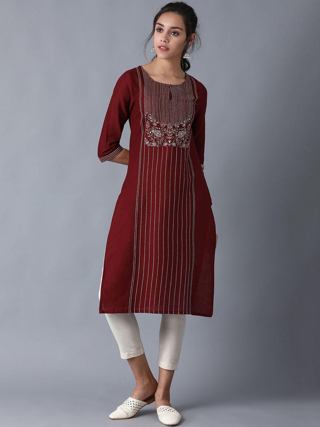 w women maroon geometric striped keyhole neck thread work kurta