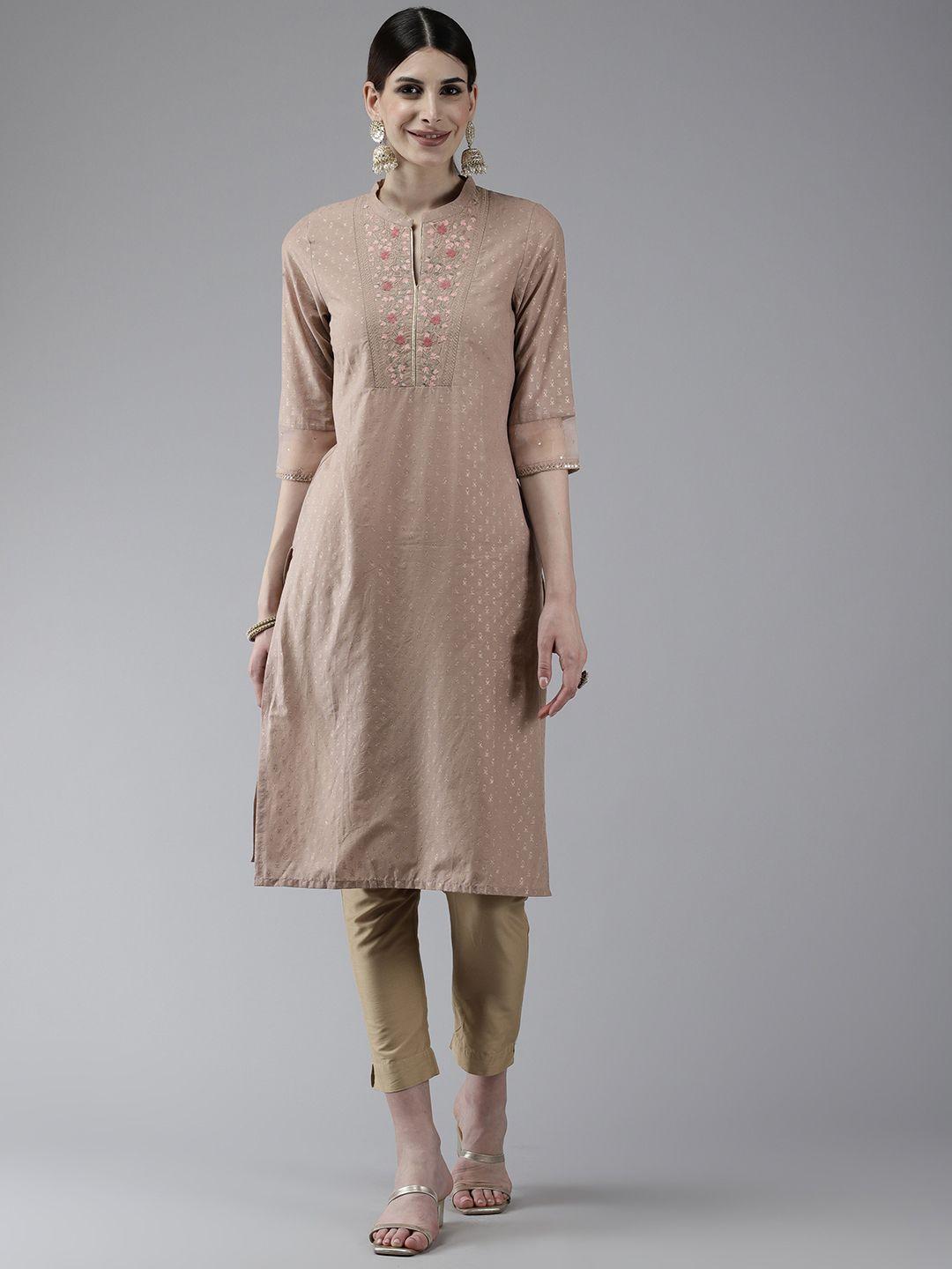 w women mauve & gold-toned floral printed thread work kurta