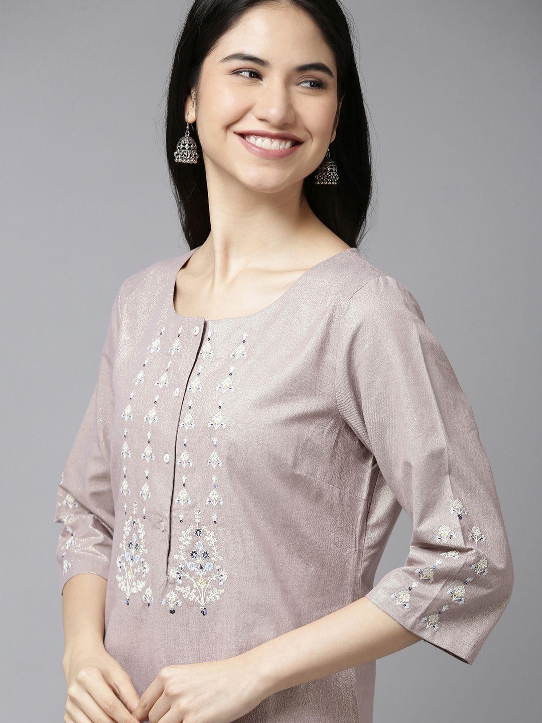 w women mauve & gold-toned floral yoke design straight kurta