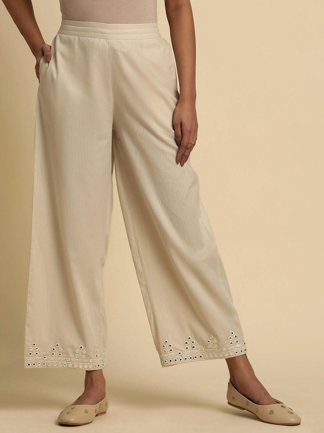 w women mid-rise pure cotton ethnic parallel trousers
