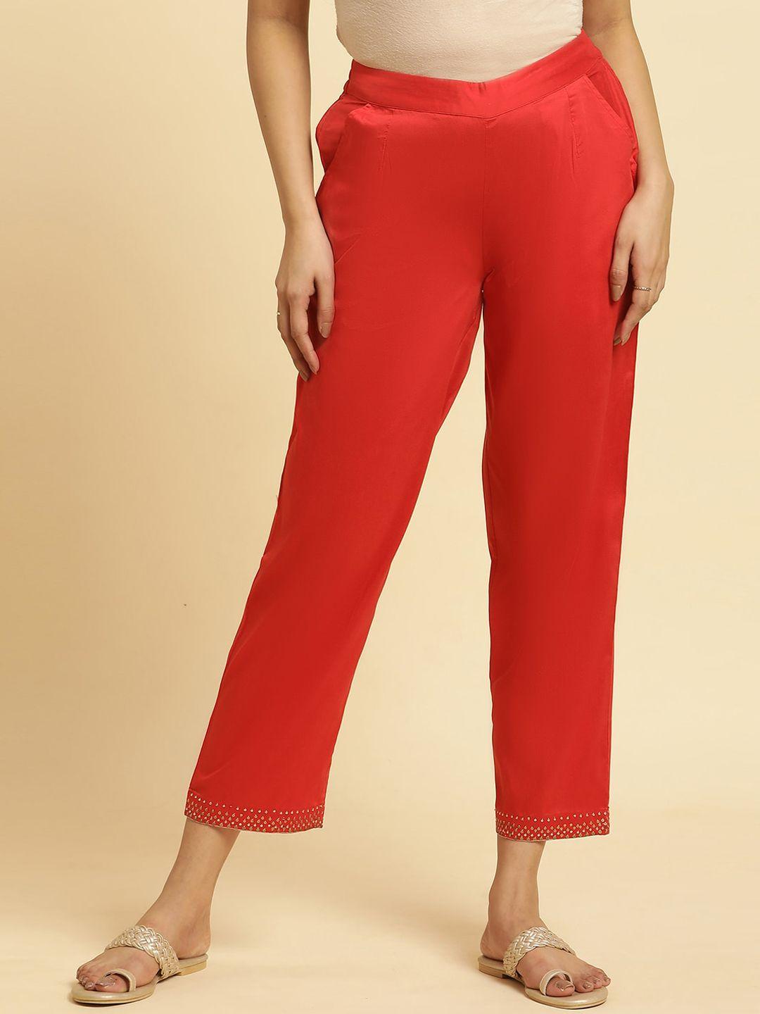 w women mid rise straight fit plain parallel trousers