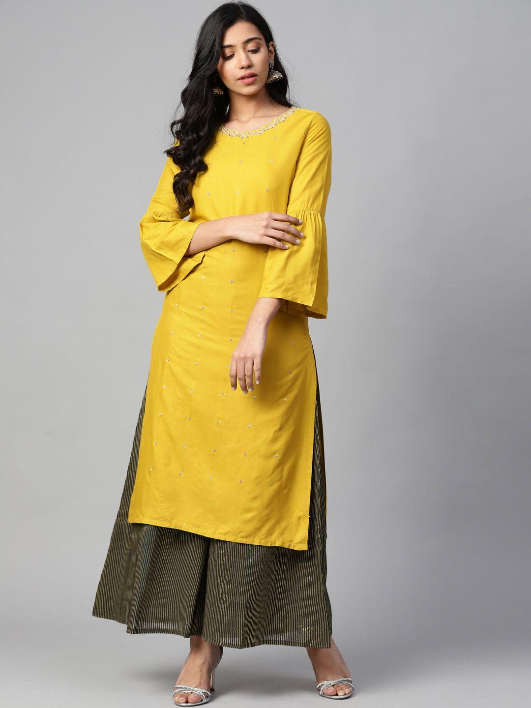 w women mustard & golden embroidered straight kurta