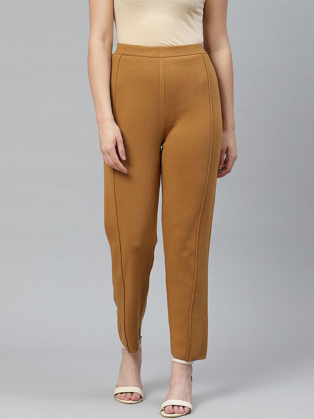 w women mustard brown solid acrylic trousers