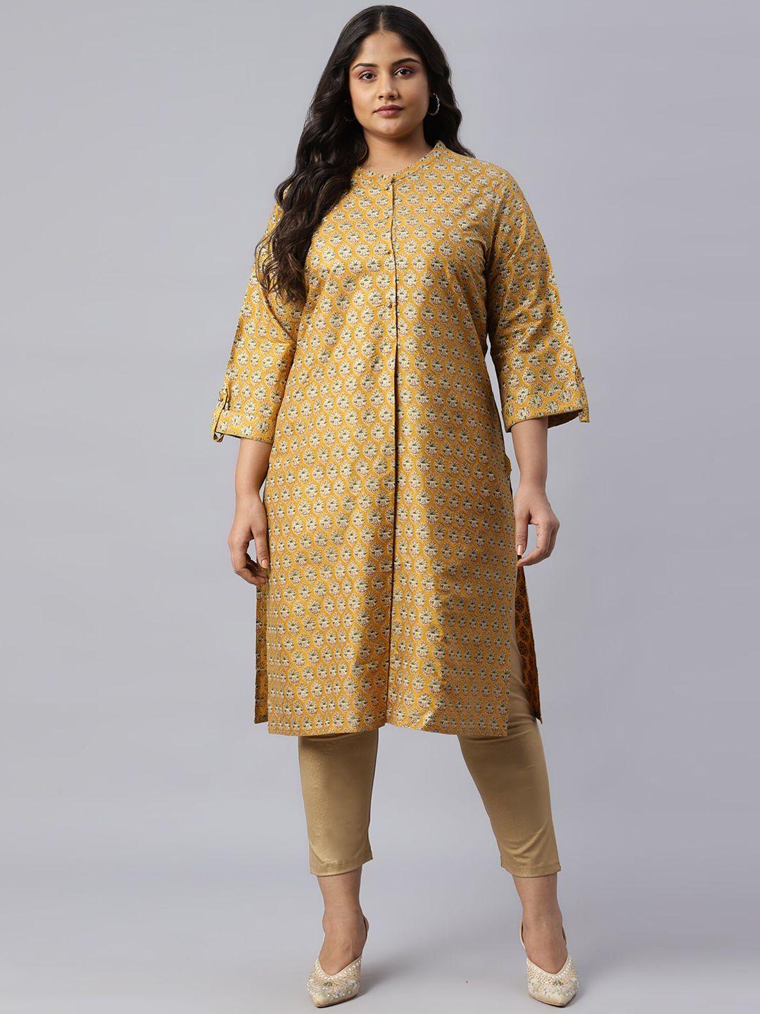 w women mustard plus size ethnic motifs printed kurta