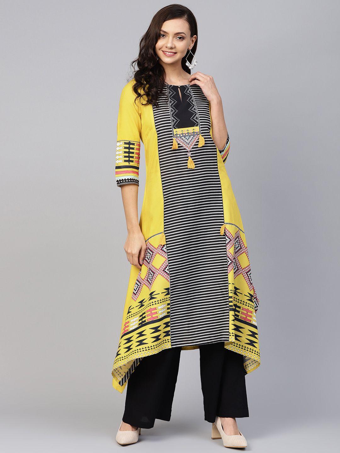 w women mustard yellow & black printed asymmetric a-line kurta