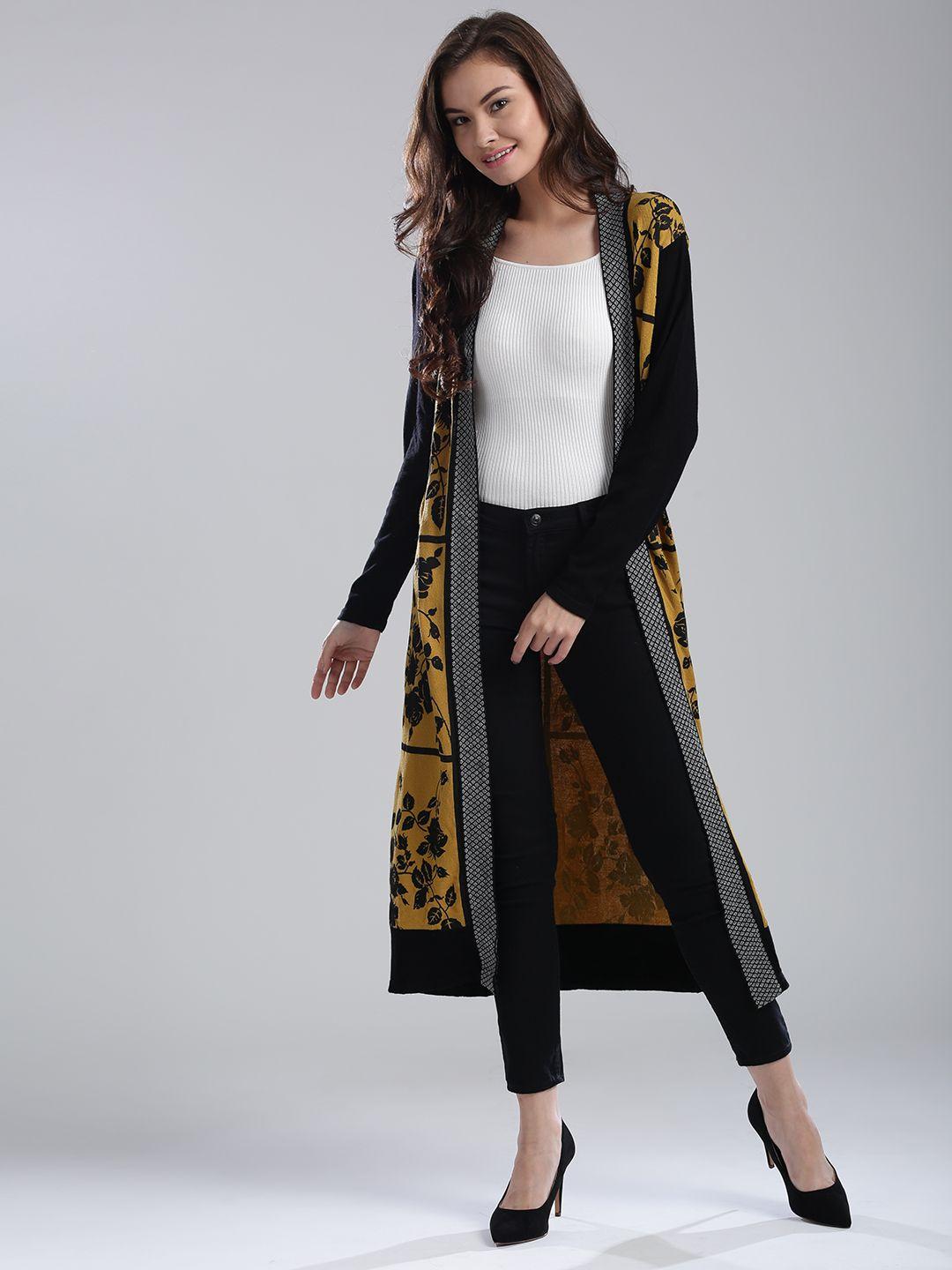 w women mustard yellow & black printed front-open longline cardigan