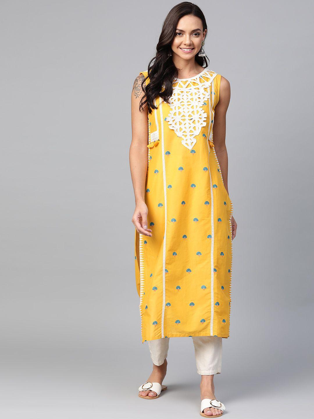 w women mustard yellow & blue printed straight kurta