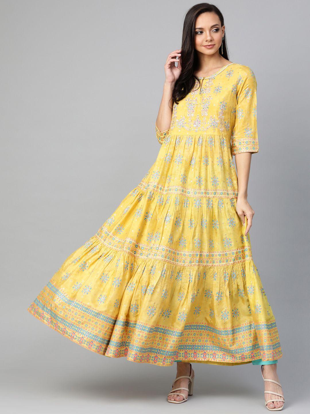 w women mustard yellow & blue printed tiered anarkali kurta