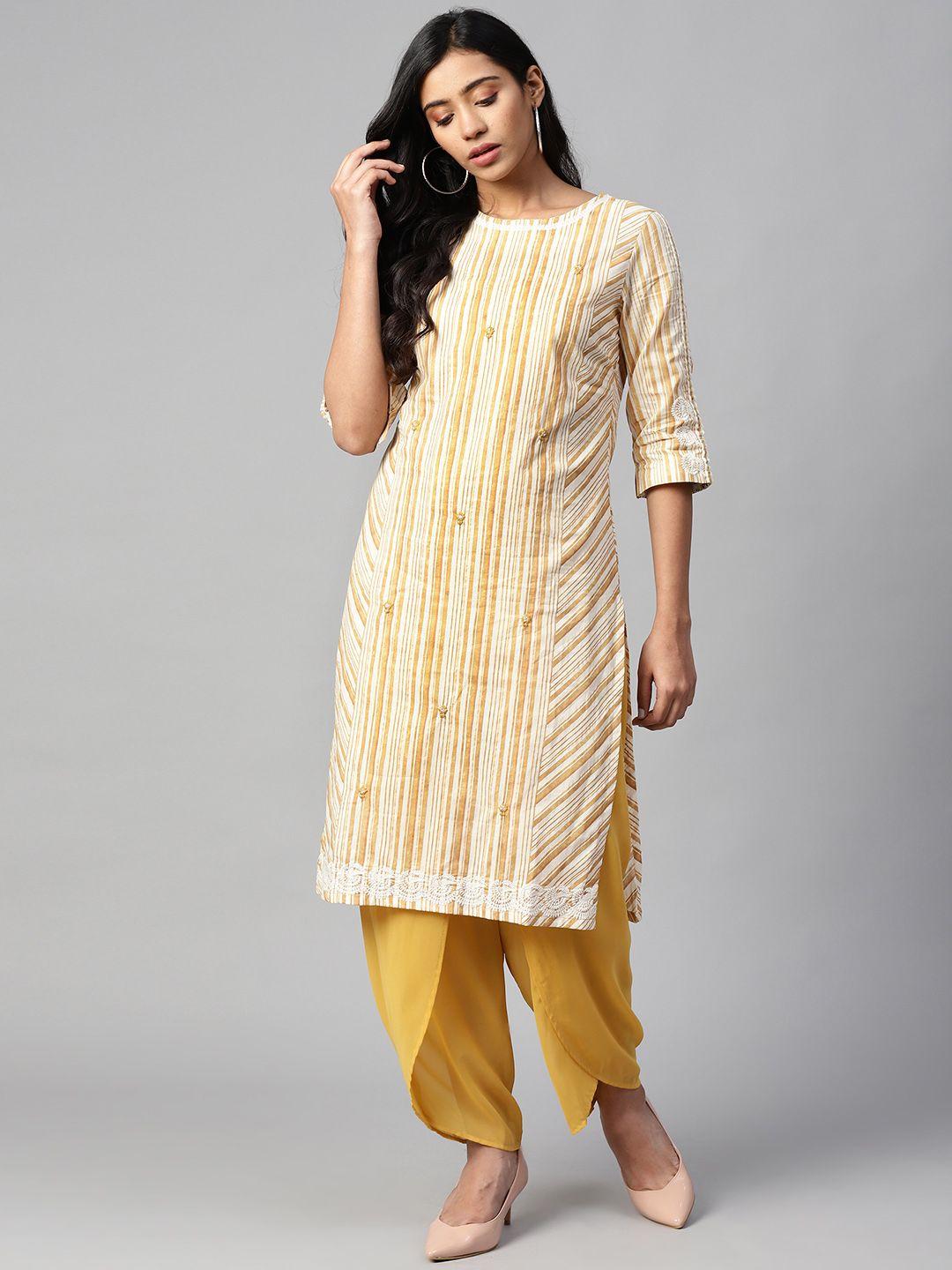 w women mustard yellow & off-white striped straight kurta with embroidered detail