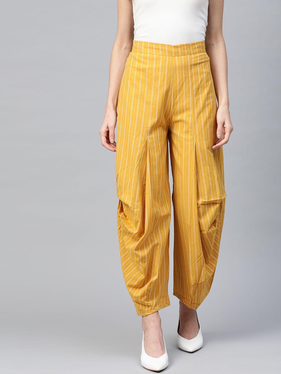 w women mustard yellow & white regular fit self-striped dhoti pants