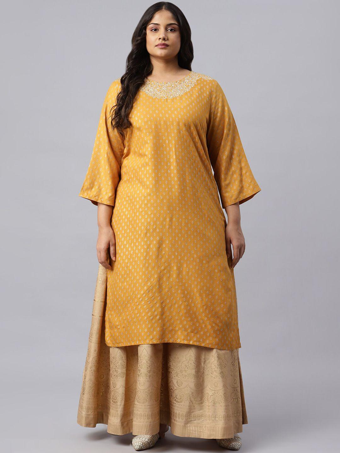 w women mustard yellow ethnic motifs embroidered flared sleeves floral  plus size kurta