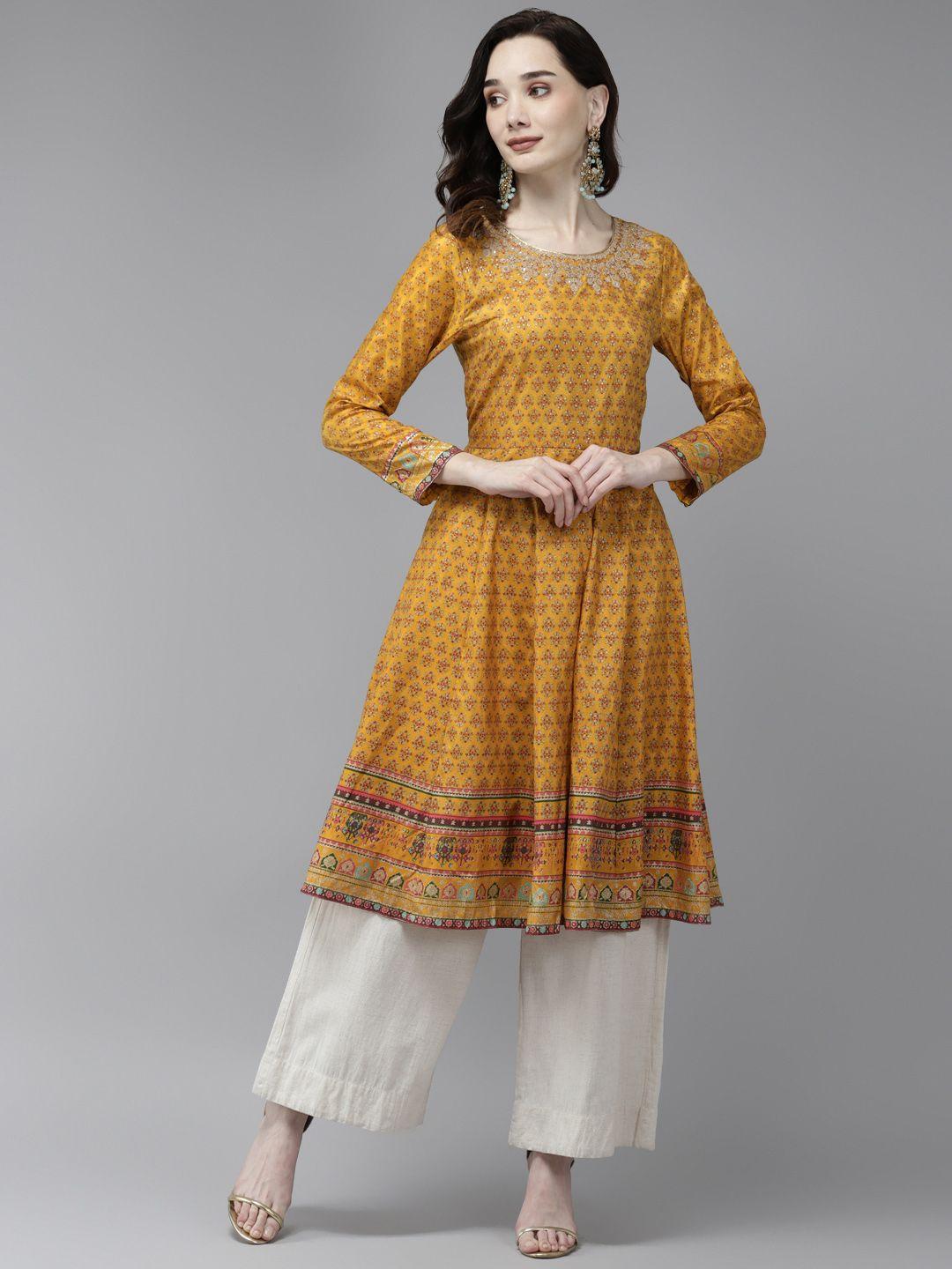 w women mustard yellow ethnic motifs printed anarkali kurta