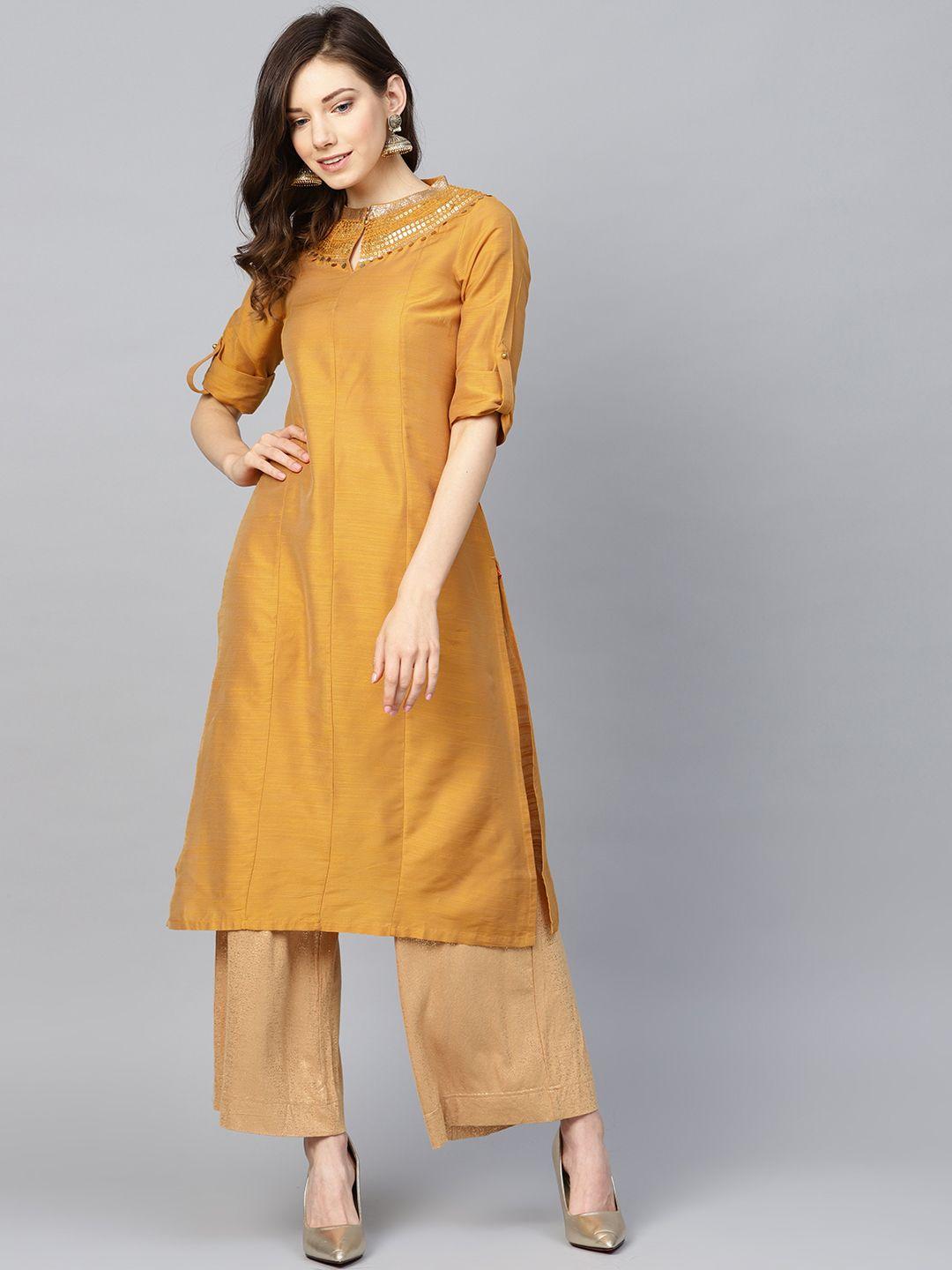 w women mustard yellow solid straight kurta