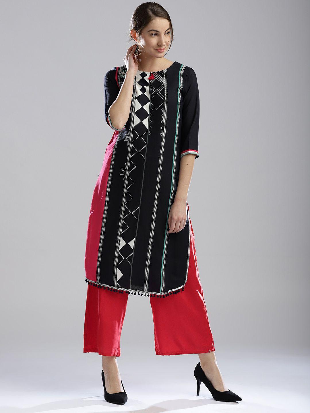 w women navy & pink printed straight kurta