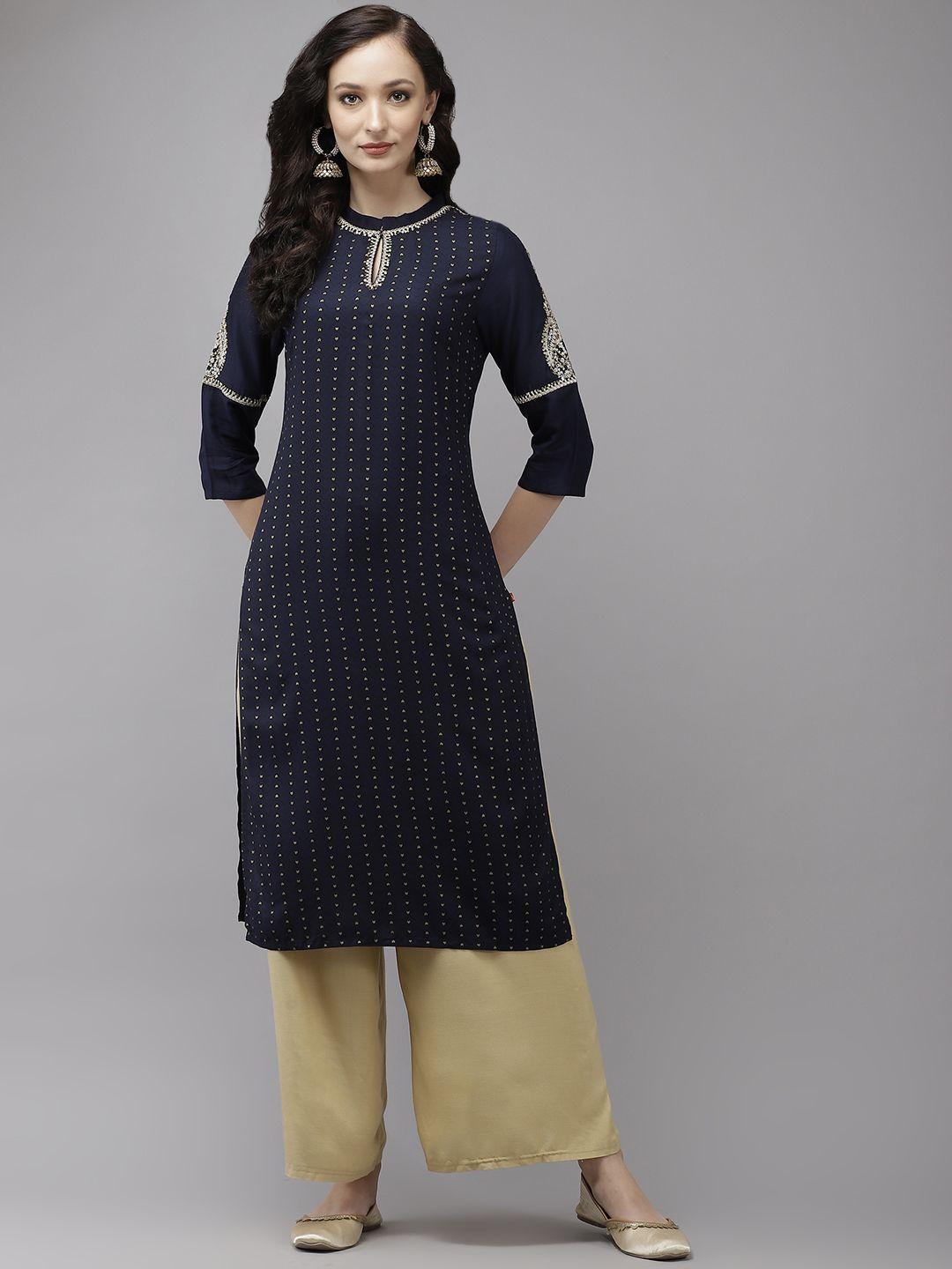 w women navy blue & golden ethnic motifs printed keyhole neck straight kurta