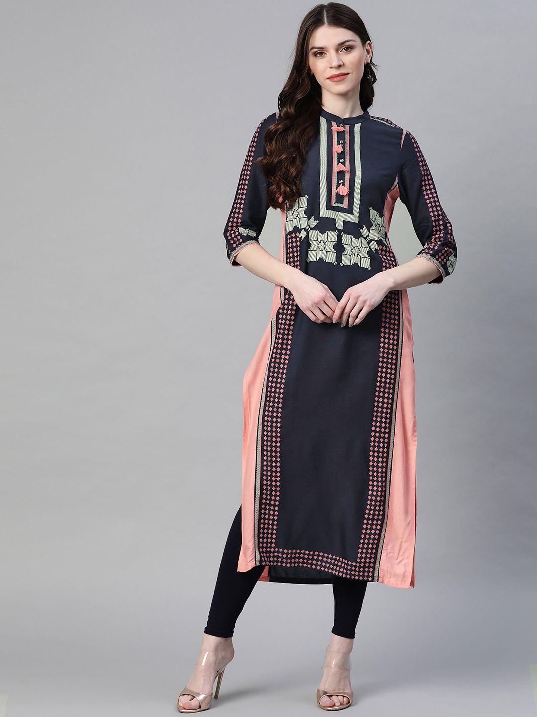 w women navy blue & pink printed straight kurta