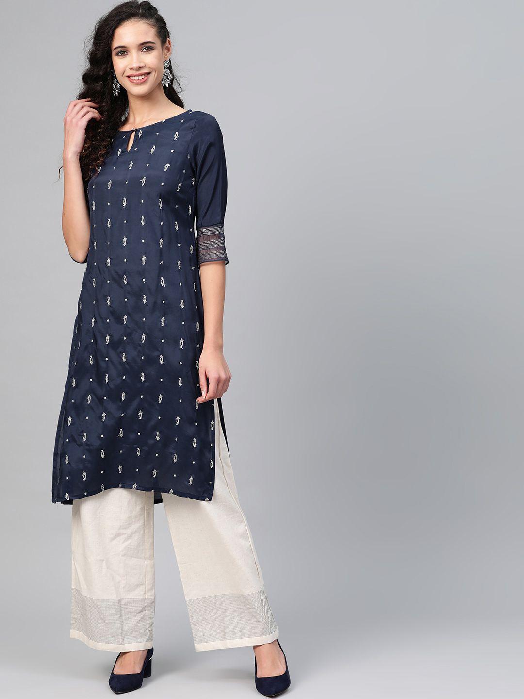 w women navy blue & silver embroidered straight kurta