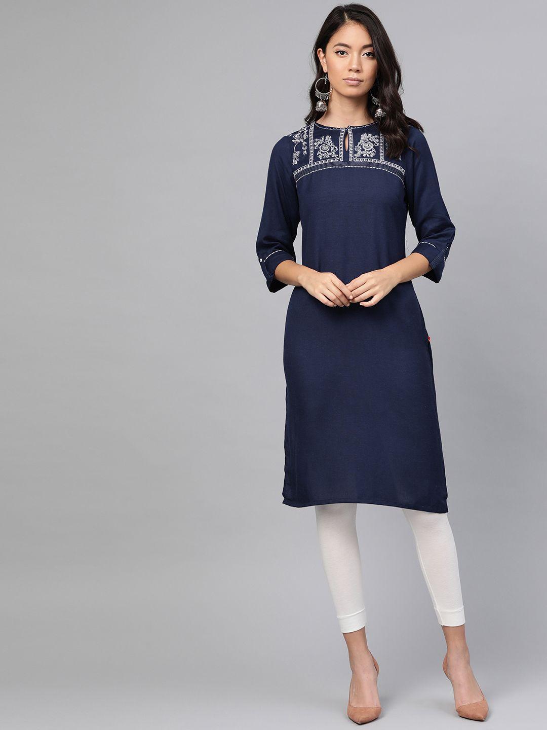 w women navy blue & white self-design straight kurta