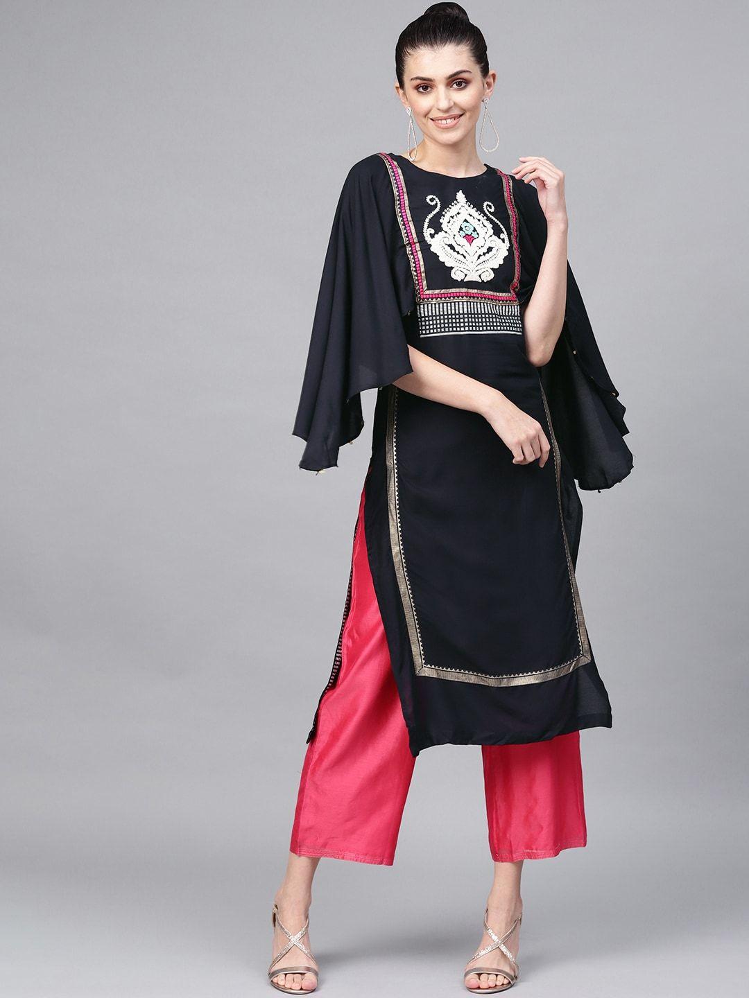 w women navy blue embroidered detail straight sustainable kurta