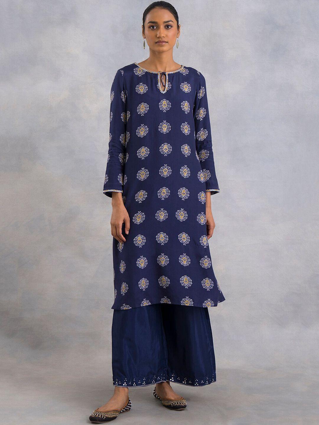 w women navy blue ethnic motifs printed keyhole neck block print kurta