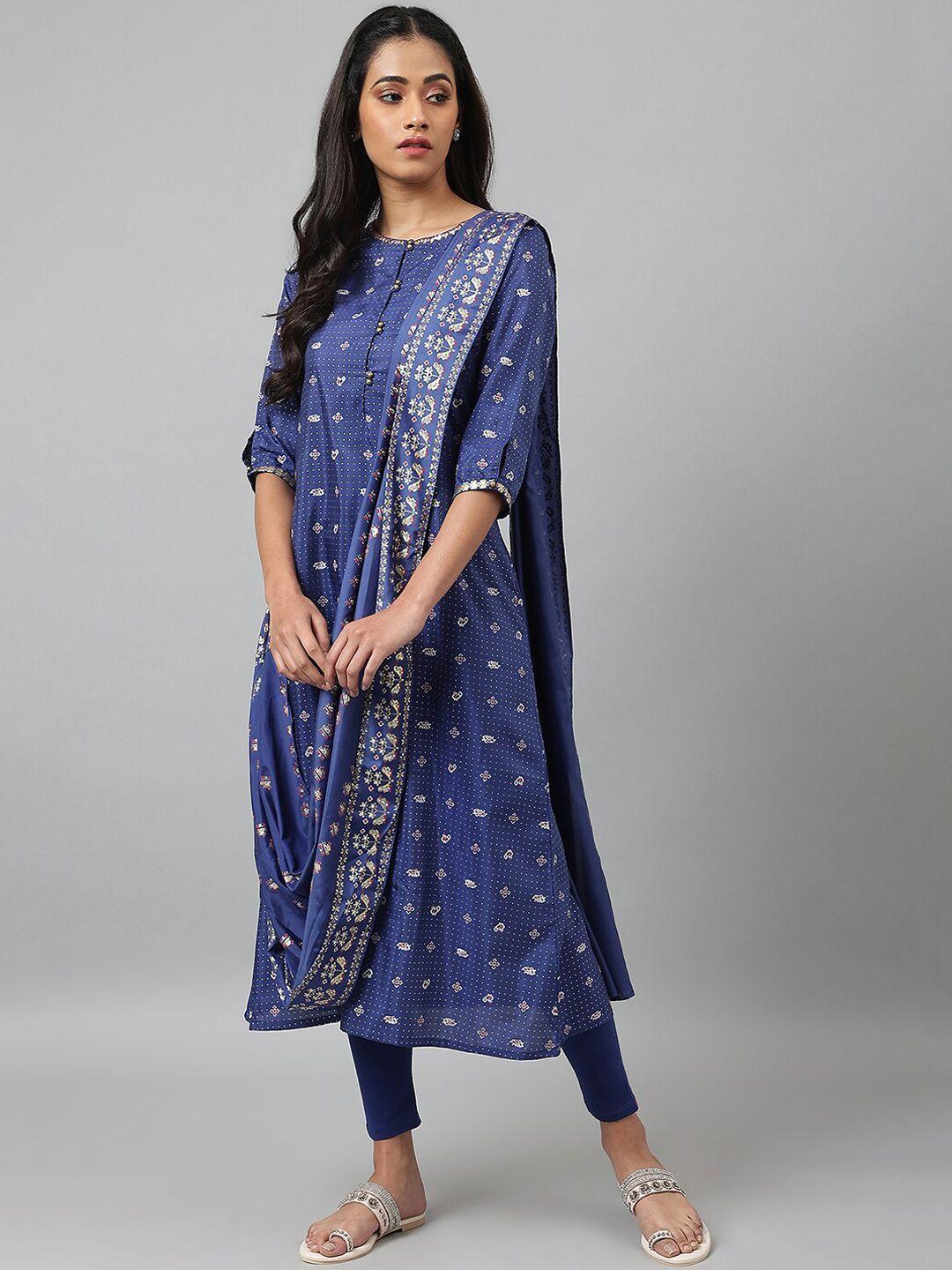 w women navy blue printed draped a-line kurta with tights