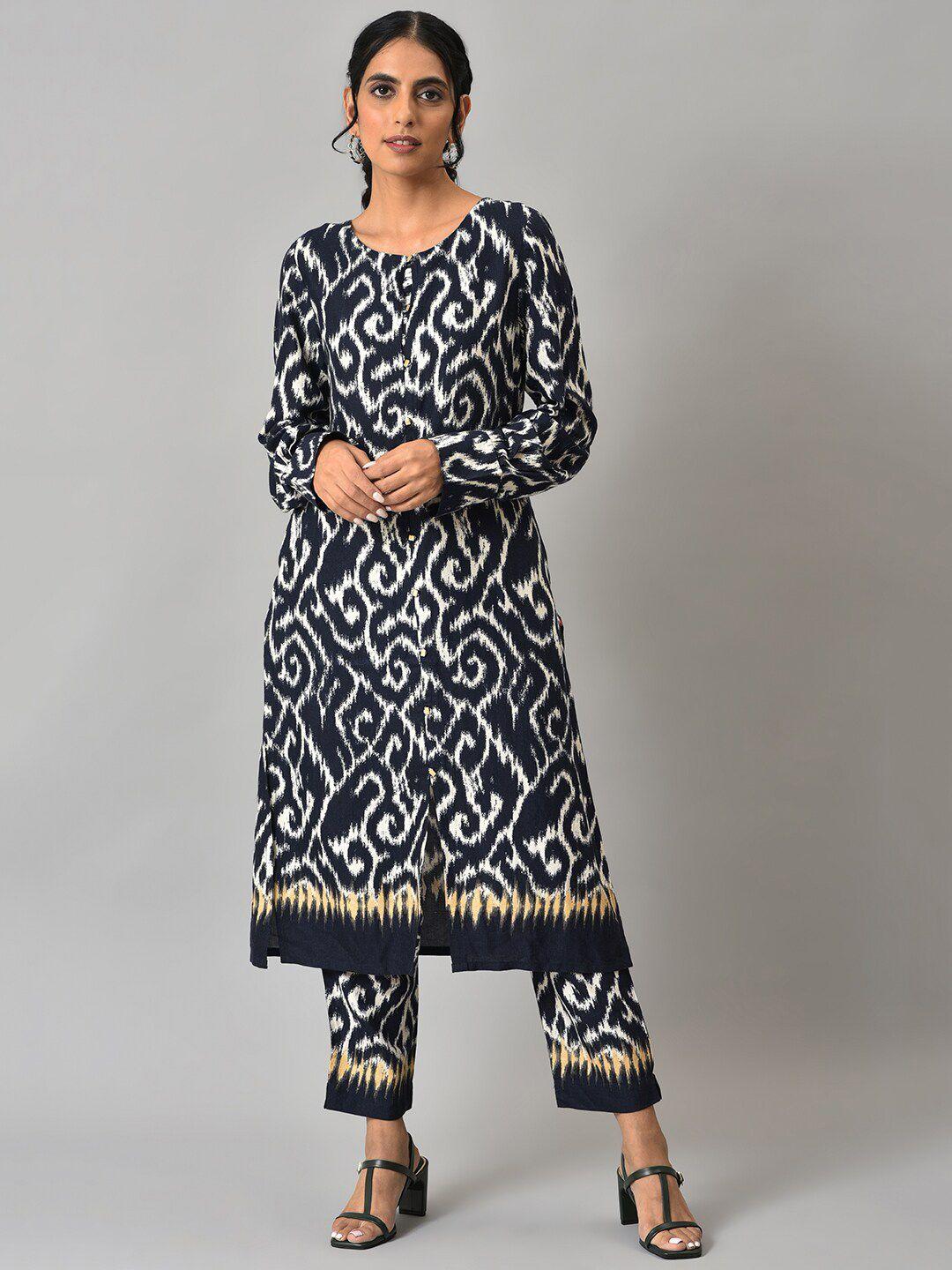 w women navy blue printed kurta with trousers