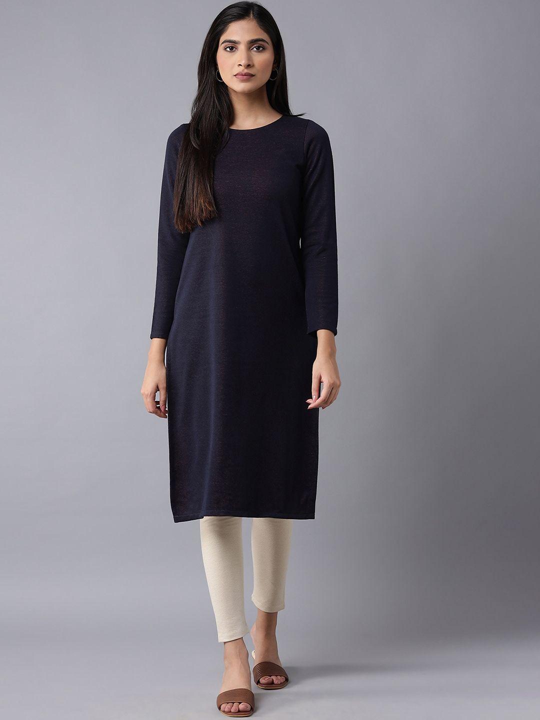 w women navy blue solid kurta