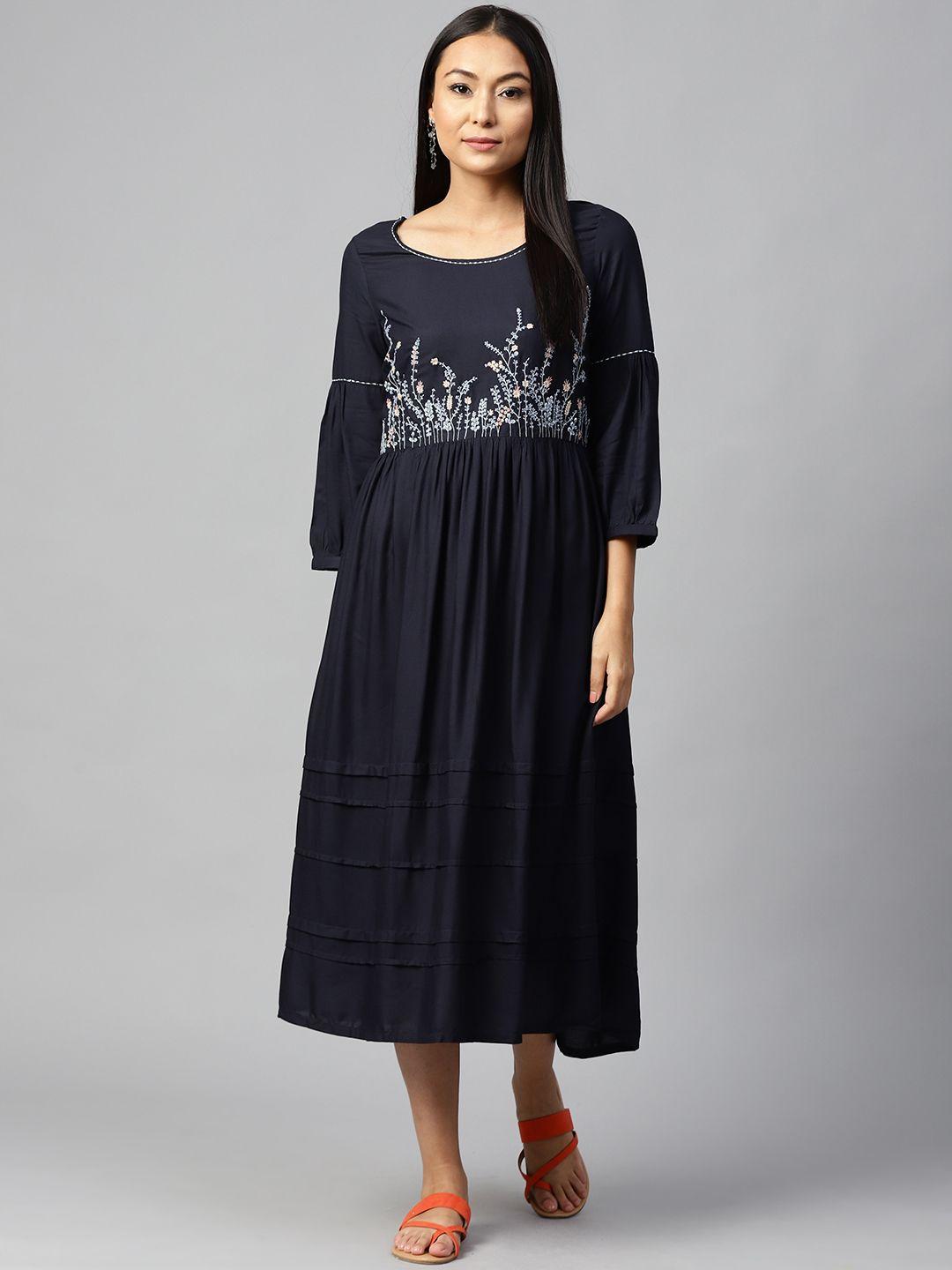 w women navy blue yoke embroidered tiered a-line dress