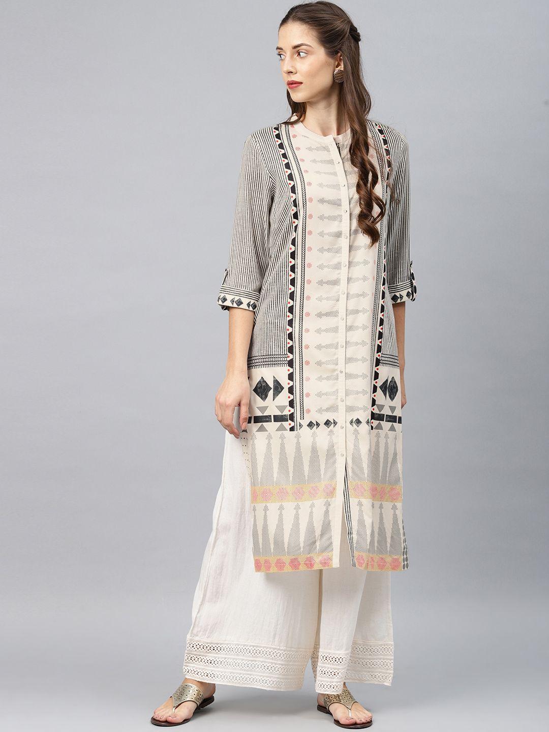 w women off-white & black printed straight kurta