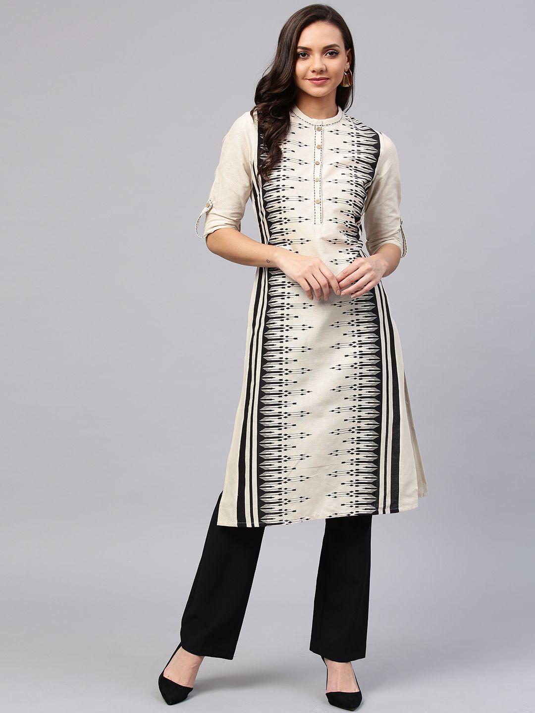 w women off-white & black printed straight kurta